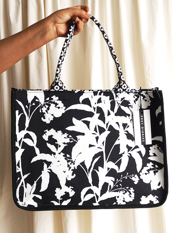 Black Floral Printed Canvas Tote Bag