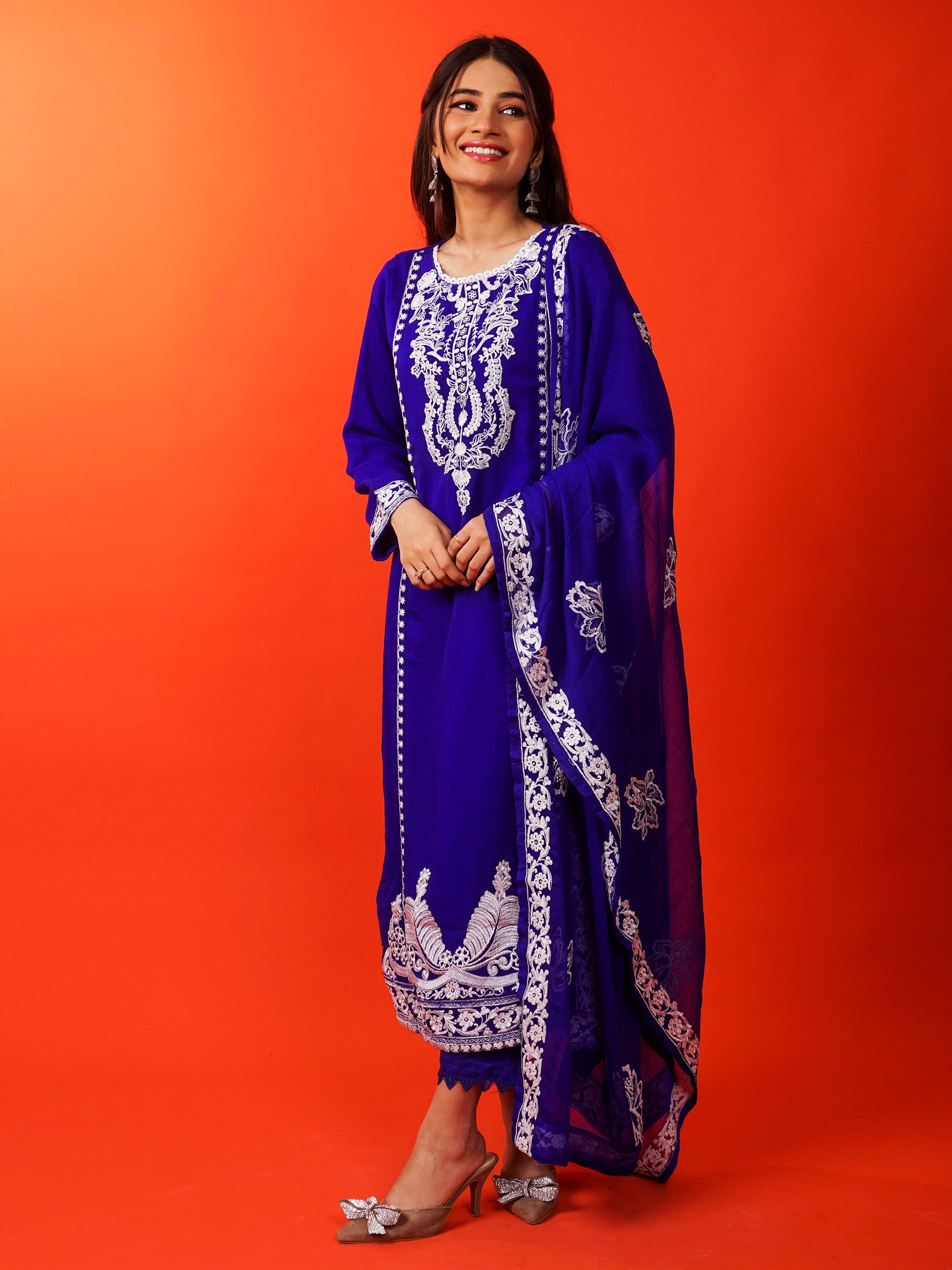 Blue Chiffon Embroidered Handwork 3 pc - 54936