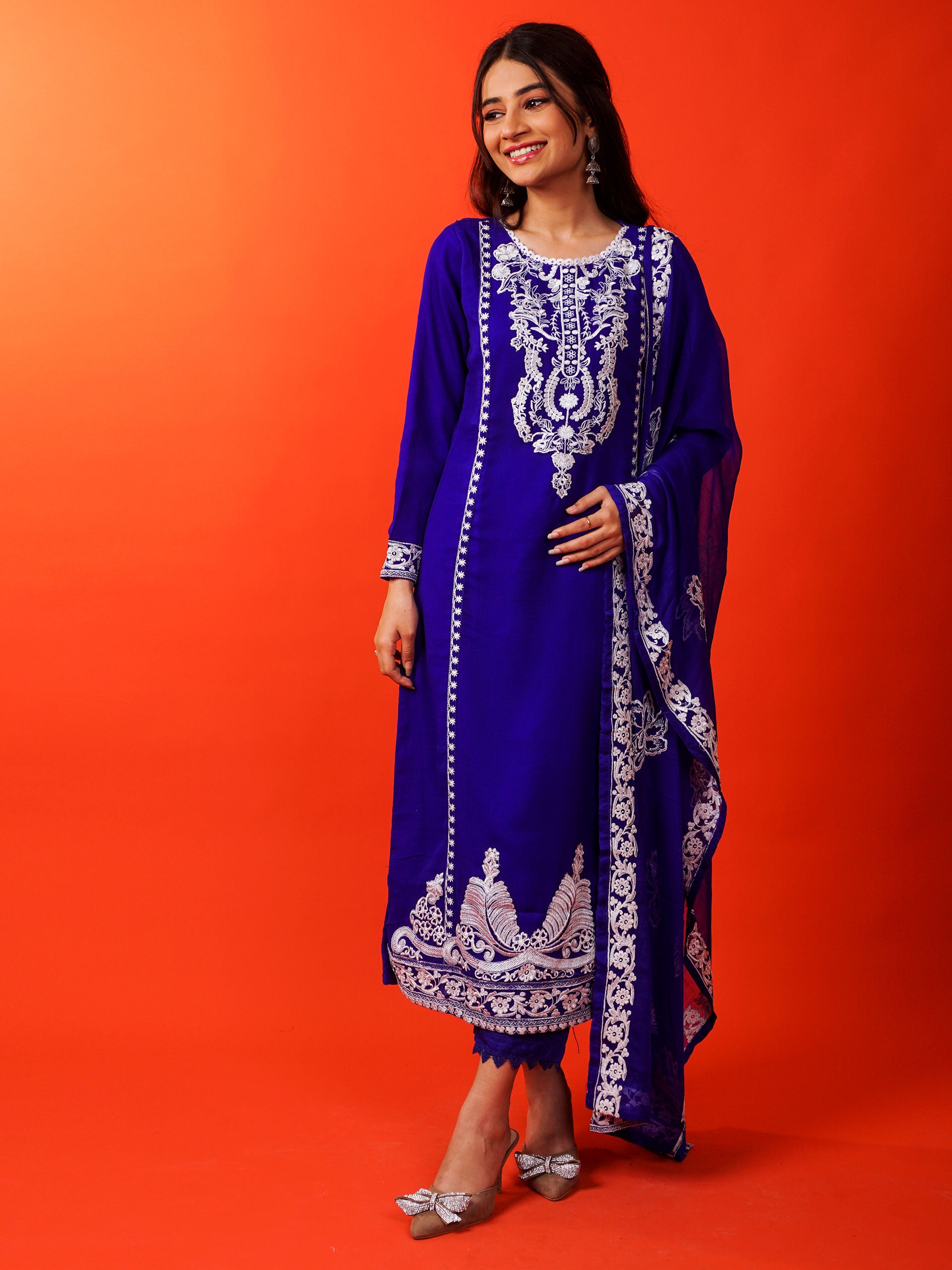 Blue Chiffon Embroidered Handwork 3 pc - 54936