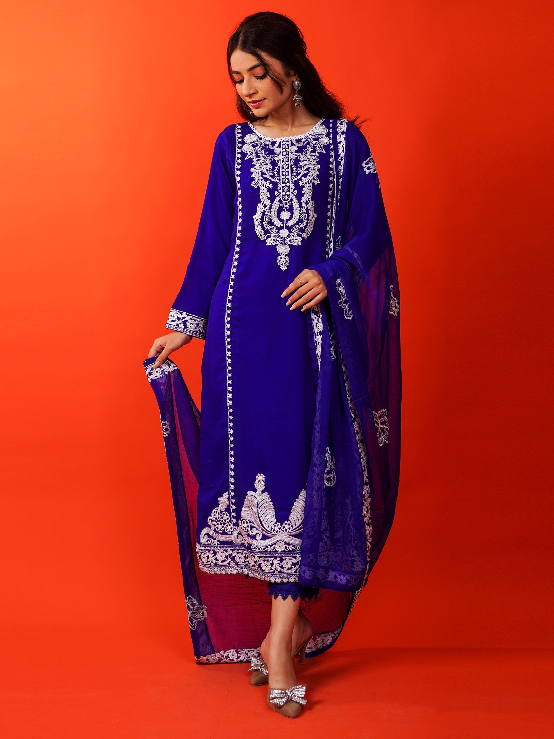 Blue Chiffon Embroidered Handwork 3 pc - 54936