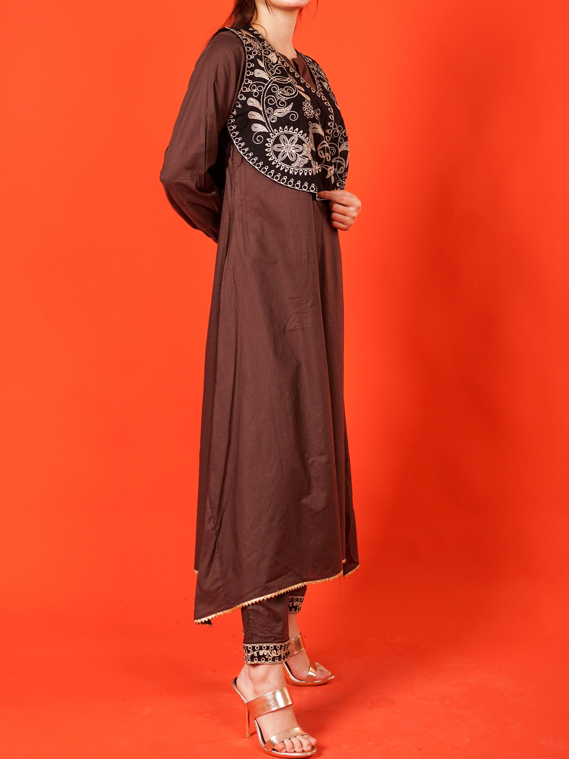 Brown Embroidered Koti 2 pc - 54993