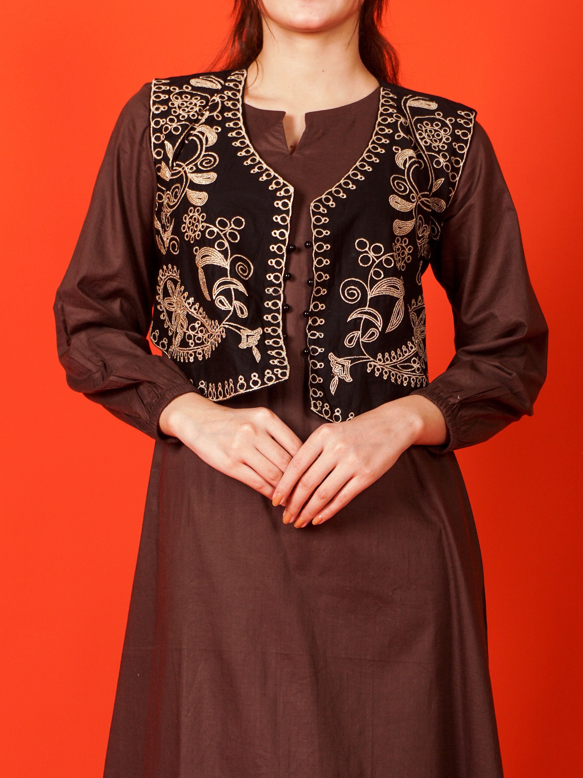 Brown Embroidered Koti 2 pc - 54993