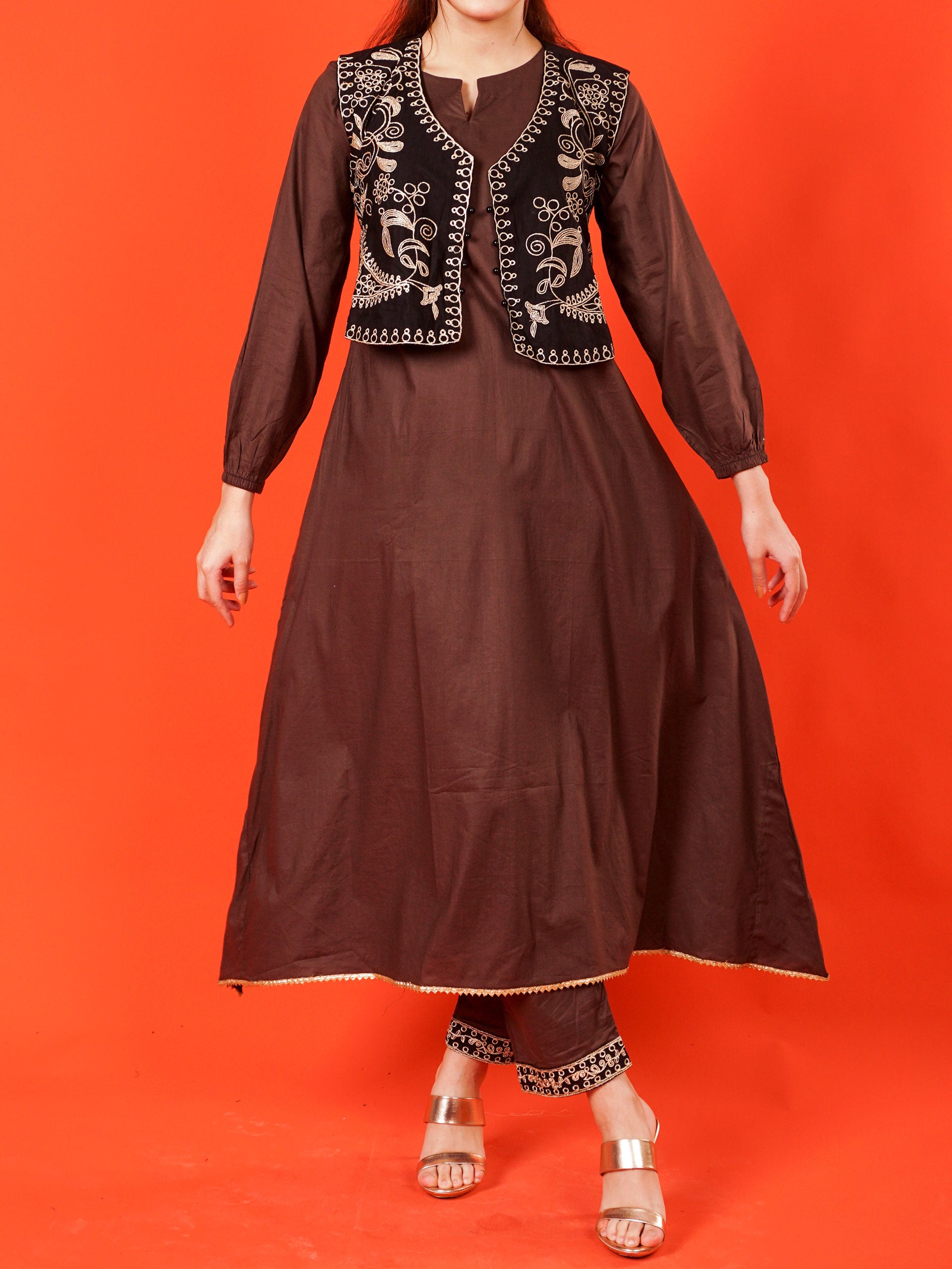 Brown Embroidered Koti 2 pc - 54993