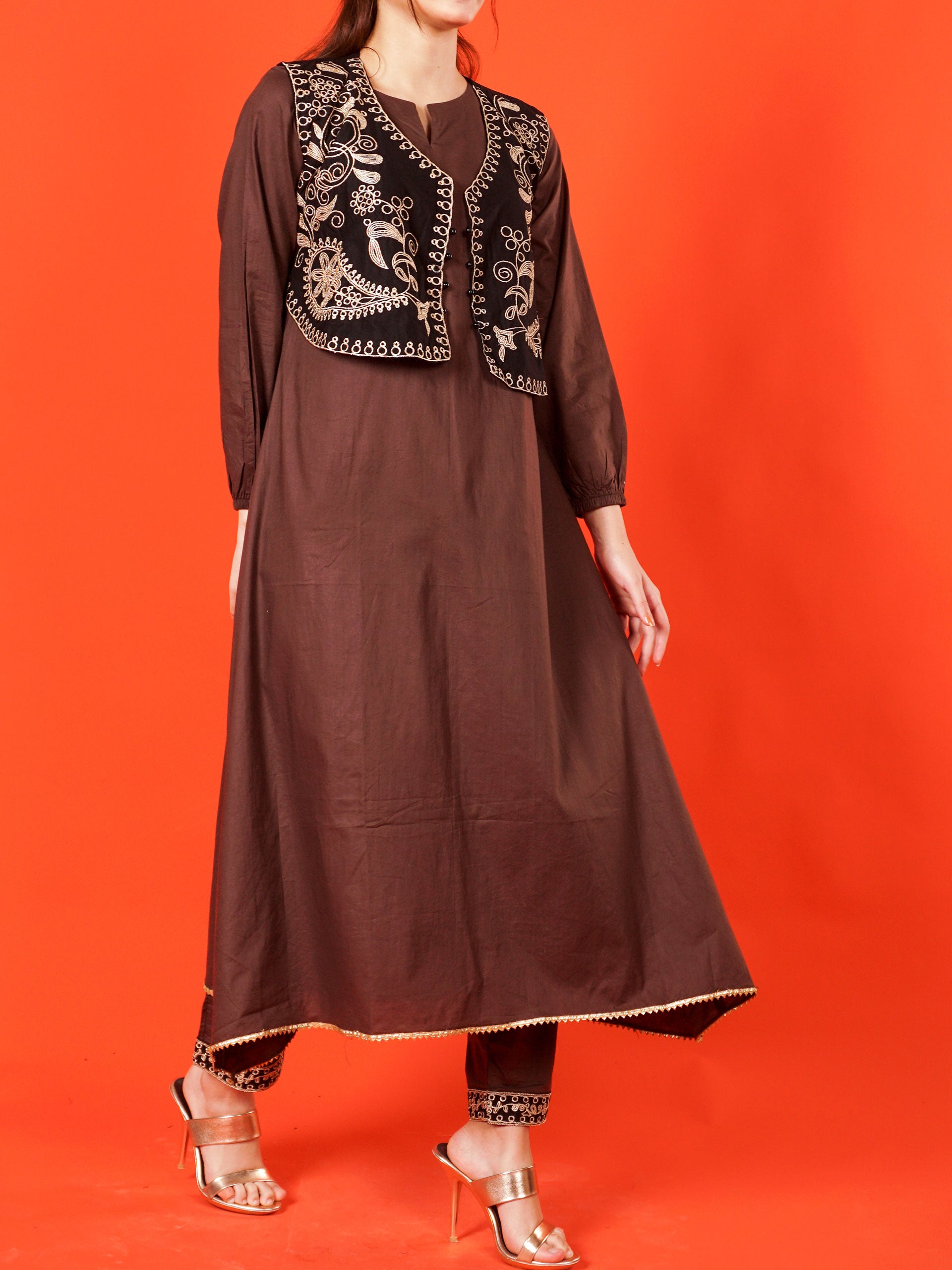 Brown Embroidered Koti 2 pc - 54993