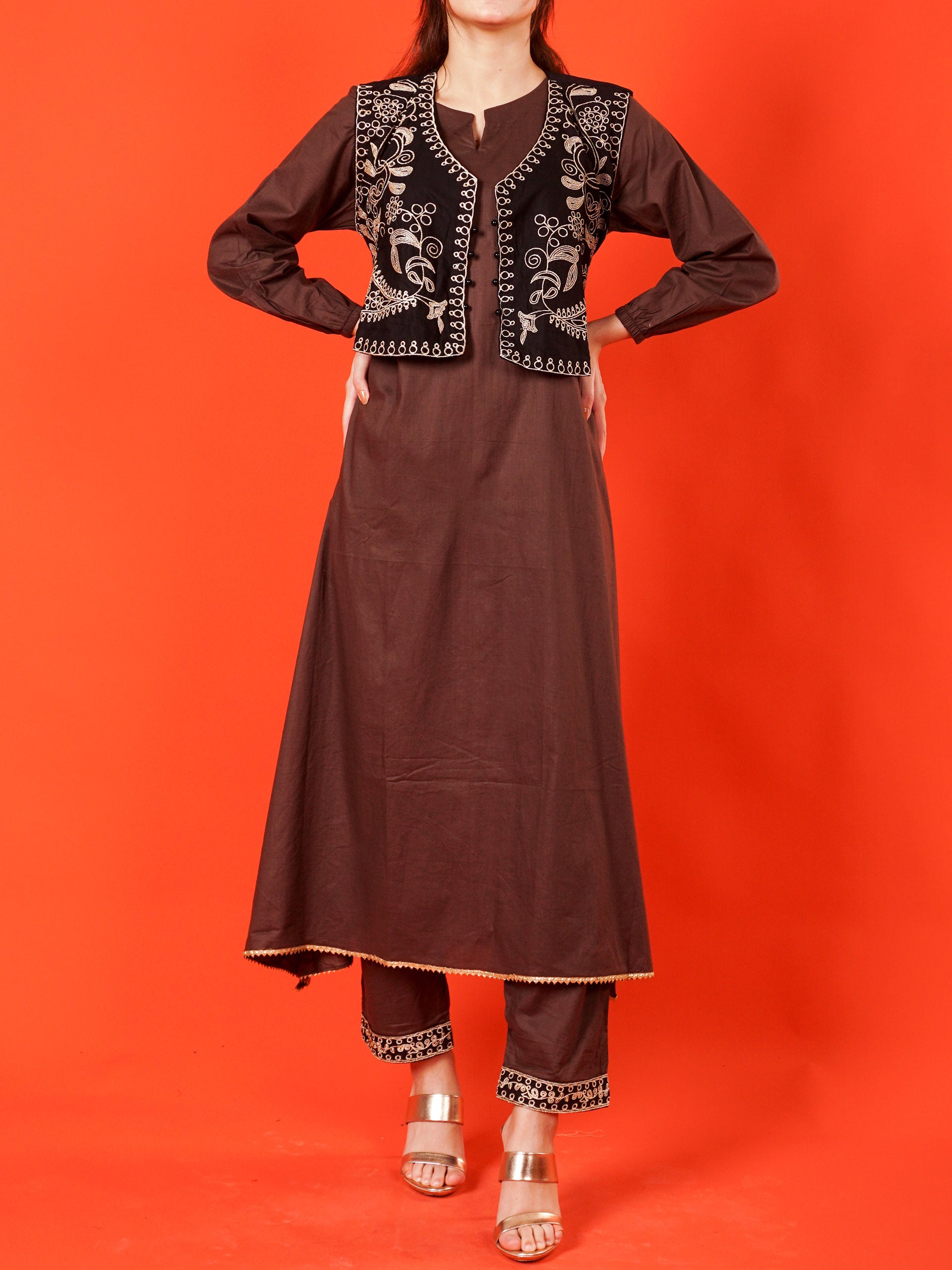 Brown Embroidered Koti 2 pc - 54993