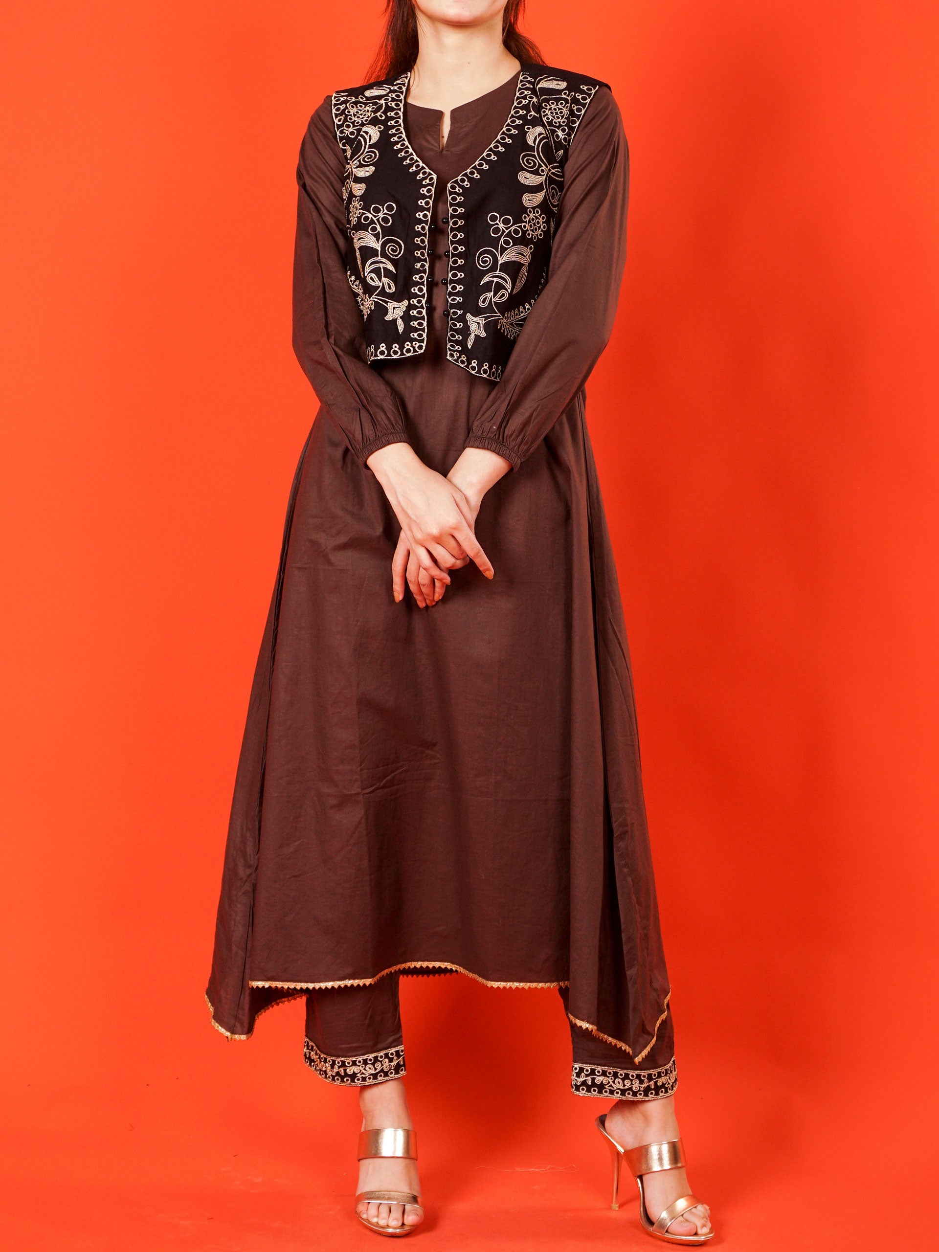 Brown Embroidered Koti 2 pc - 54993