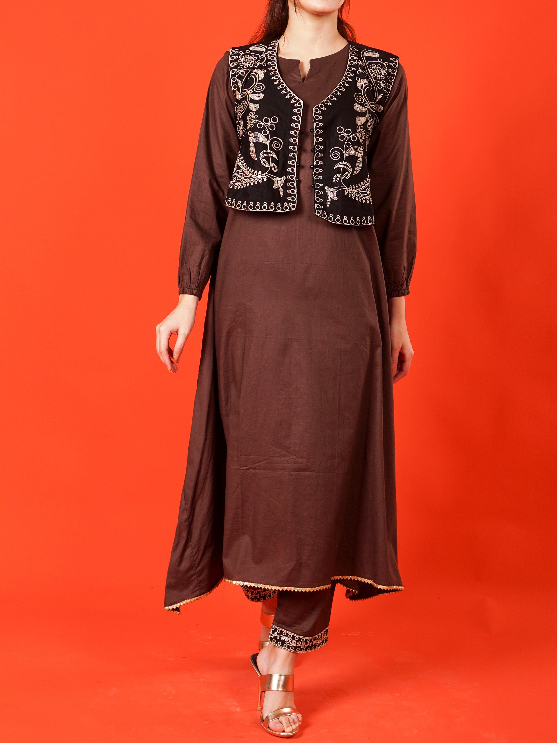Brown Embroidered Koti 2 pc - 54993