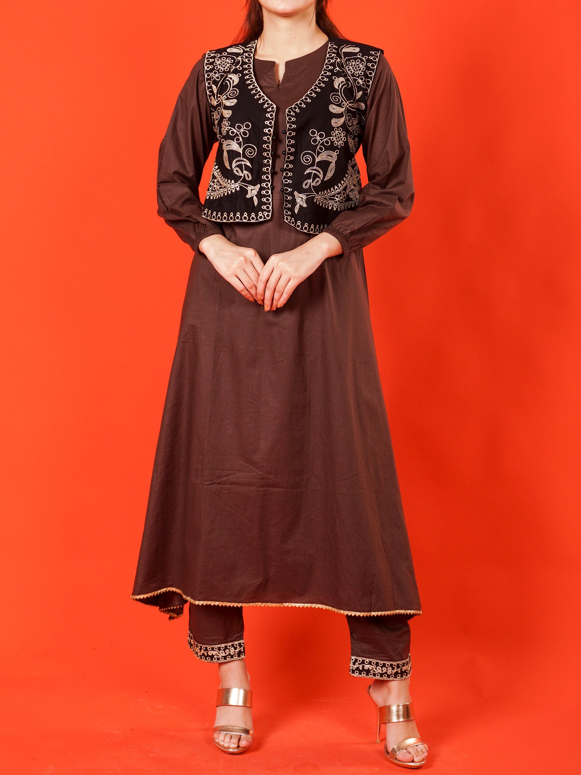 Brown Embroidered Koti 2 pc - 54993