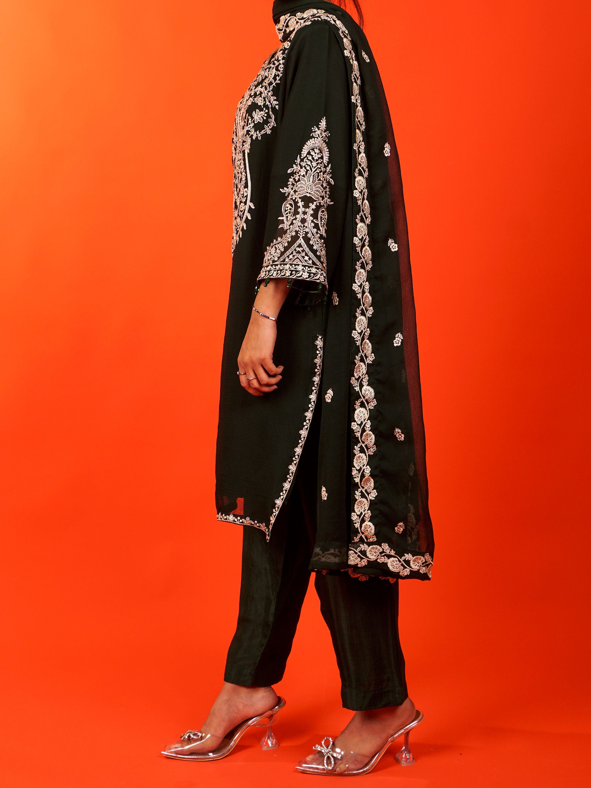 Dark Green Chiffon Embroidered 3 pc - 54971
