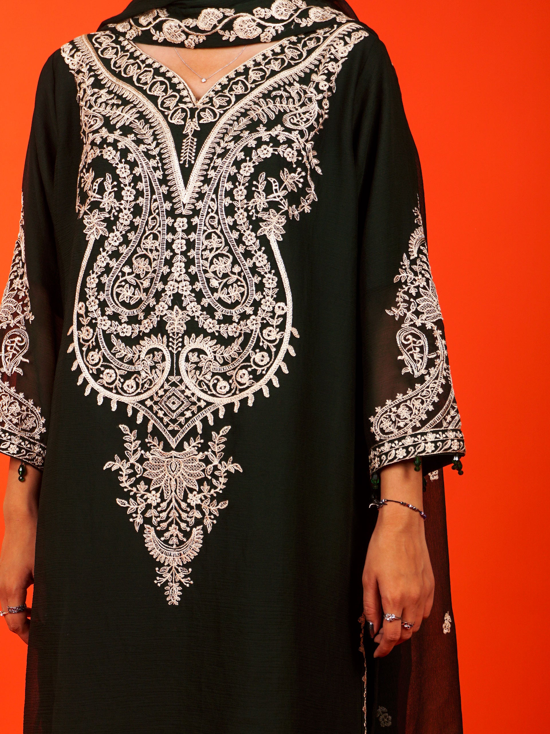 Dark Green Chiffon Embroidered 3 pc - 54971