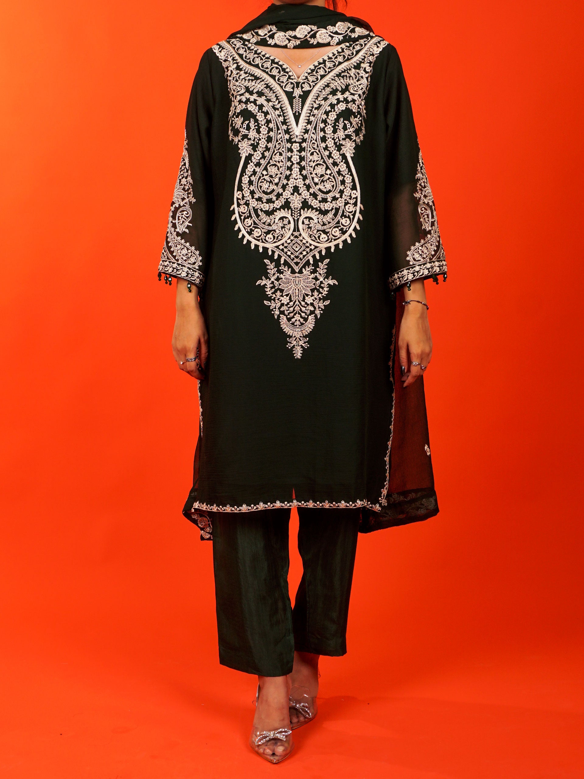 Dark Green Chiffon Embroidered 3 pc - 54971