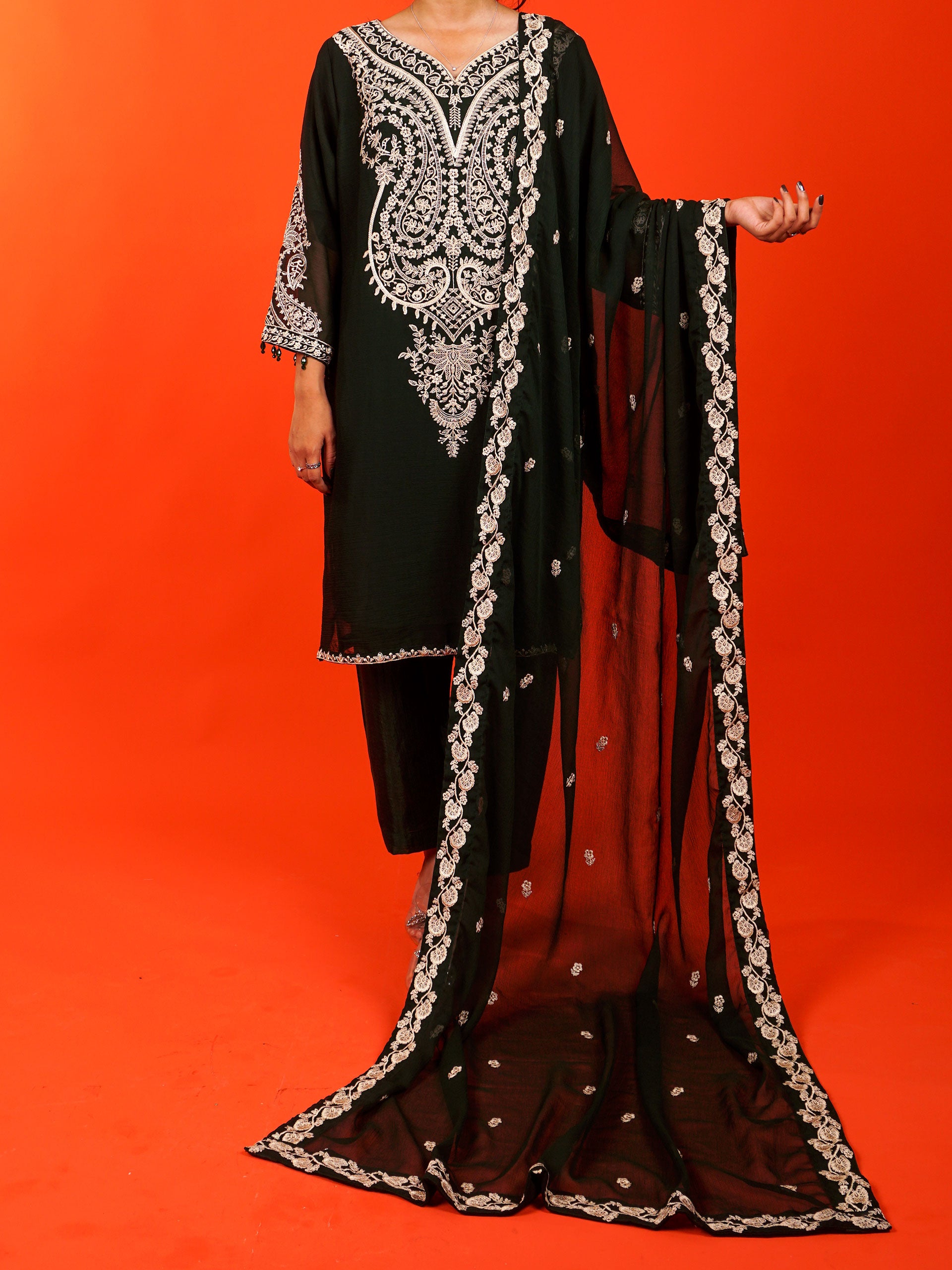 Dark Green Chiffon Embroidered 3 pc - 54971
