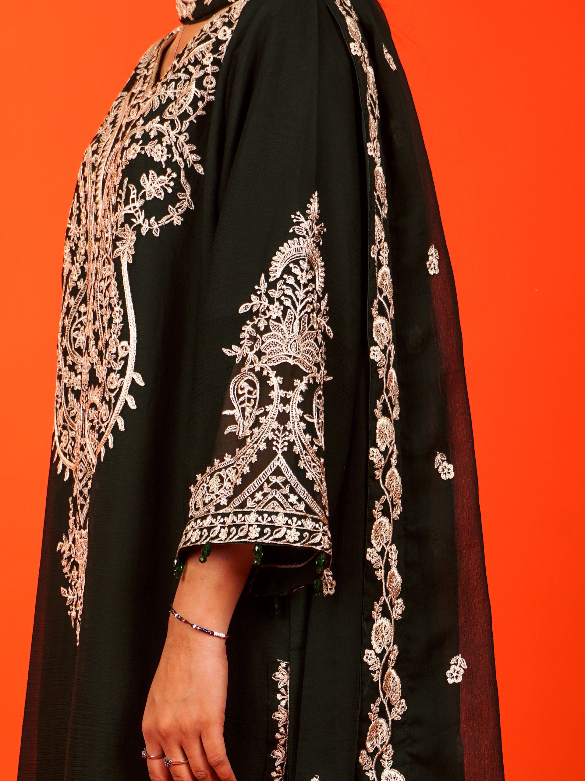 Dark Green Chiffon Embroidered 3 pc - 54971