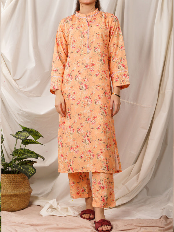 Pastel Orange Printed Suit - 55072
