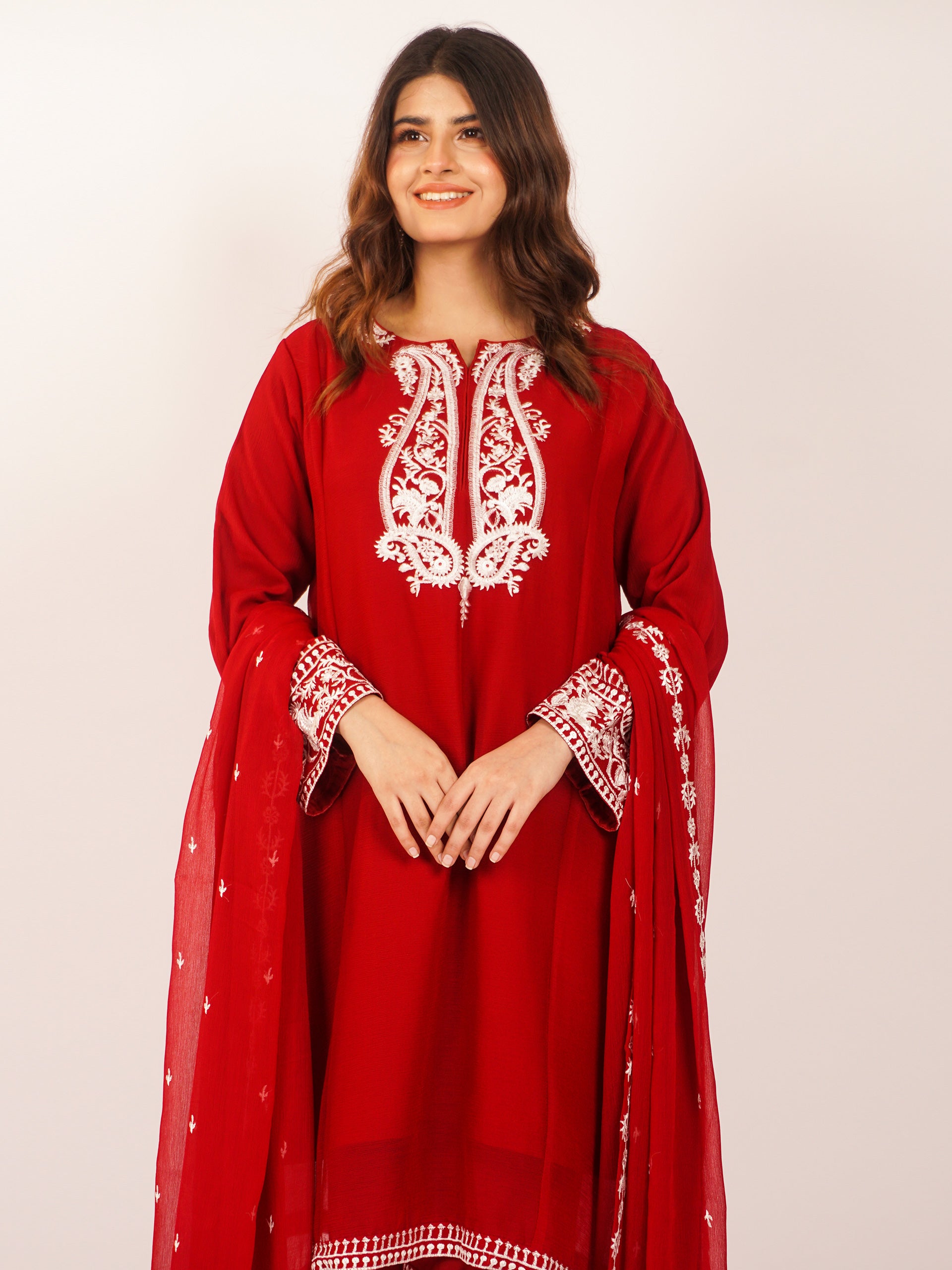 Red Chiffon Embroidered 3 pc - 54938