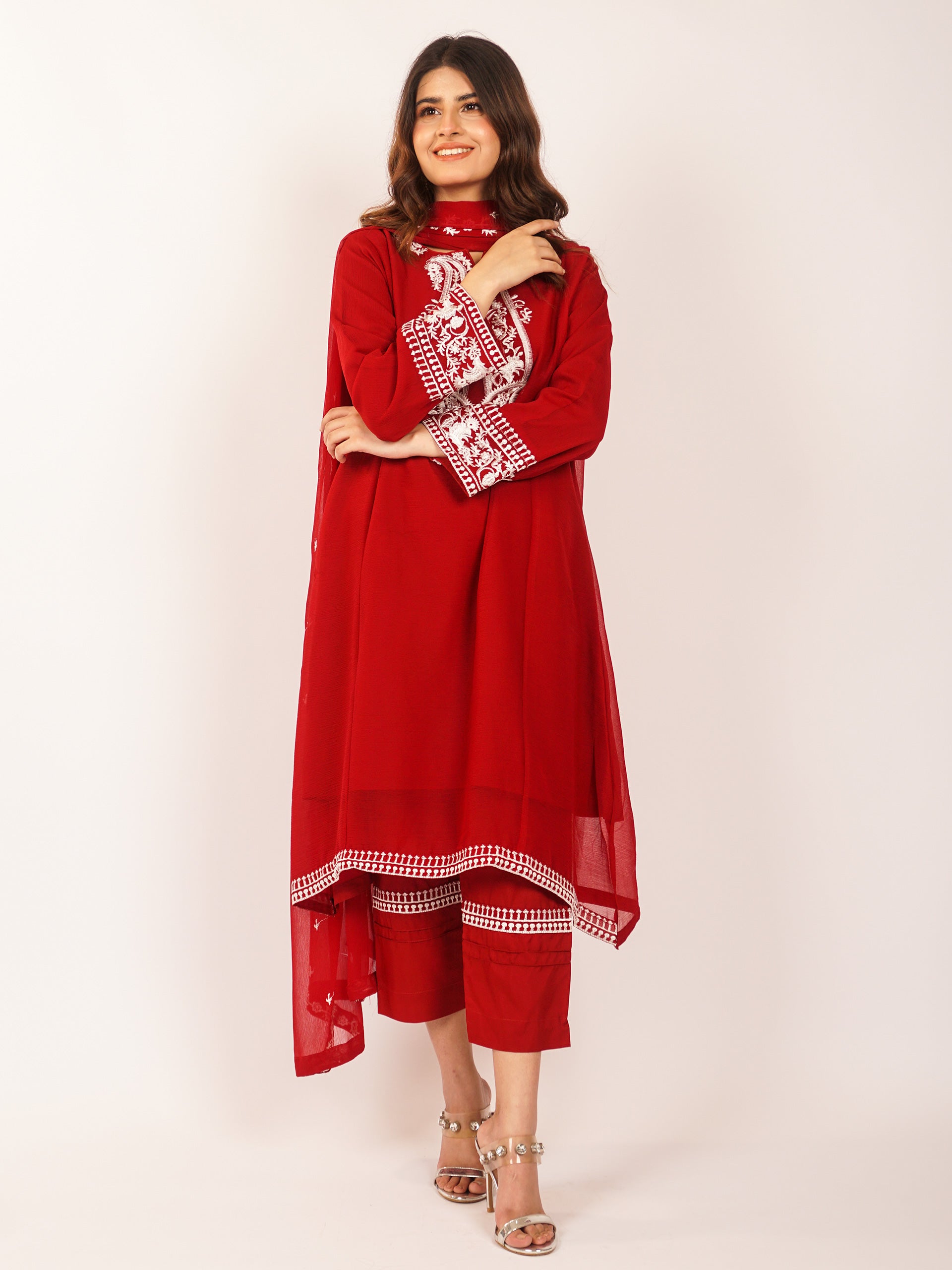 Red Chiffon Embroidered 3 pc - 54938