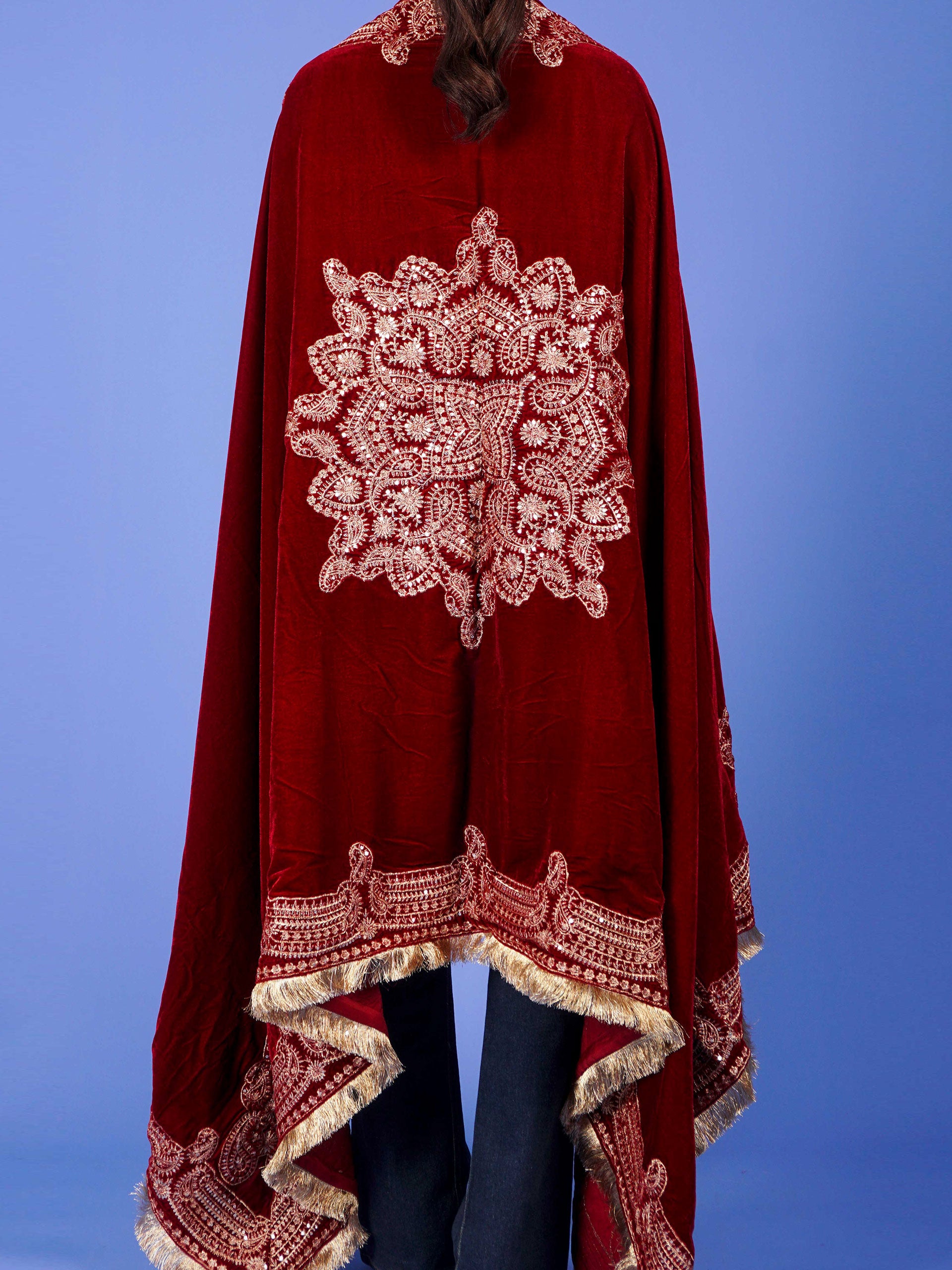 Maroon Dori Embroidered Velvet Shawl - 54645