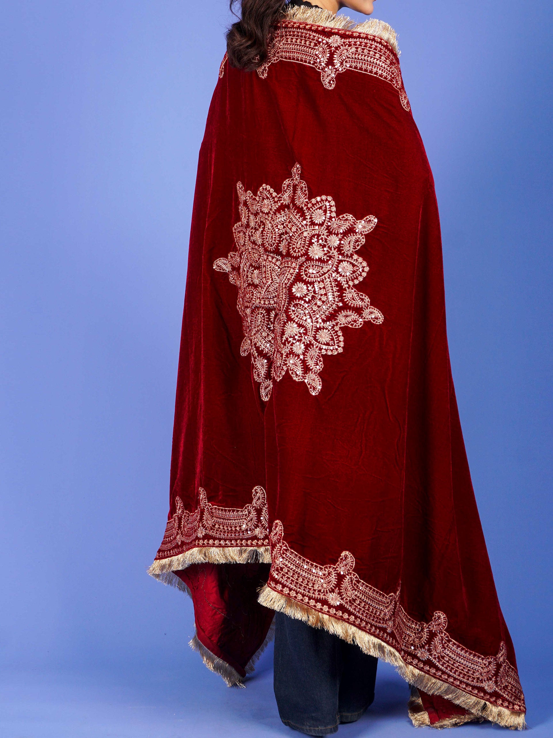 Maroon Dori Embroidered Velvet Shawl - 54645