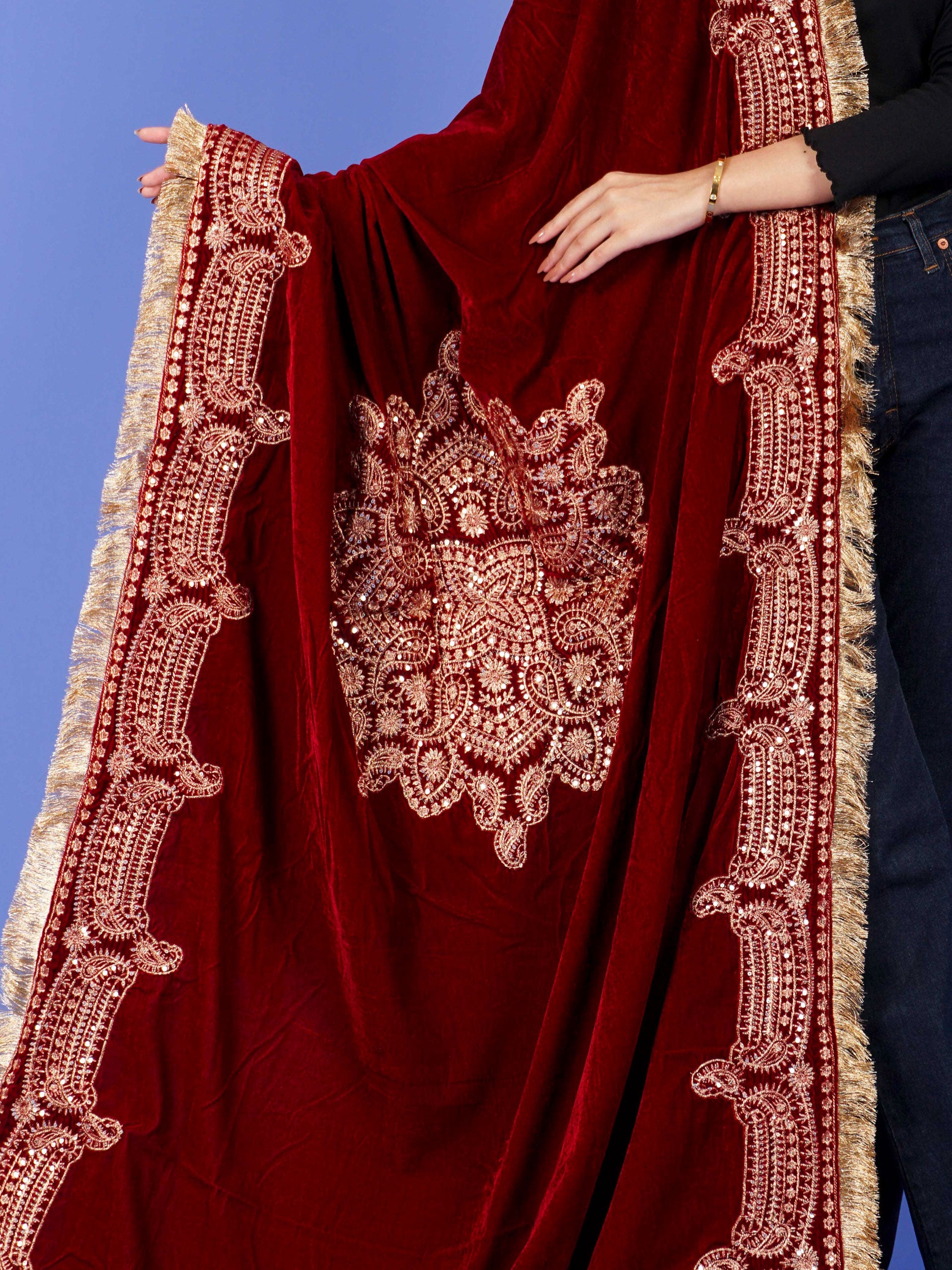Maroon Dori Embroidered Velvet Shawl - 54645