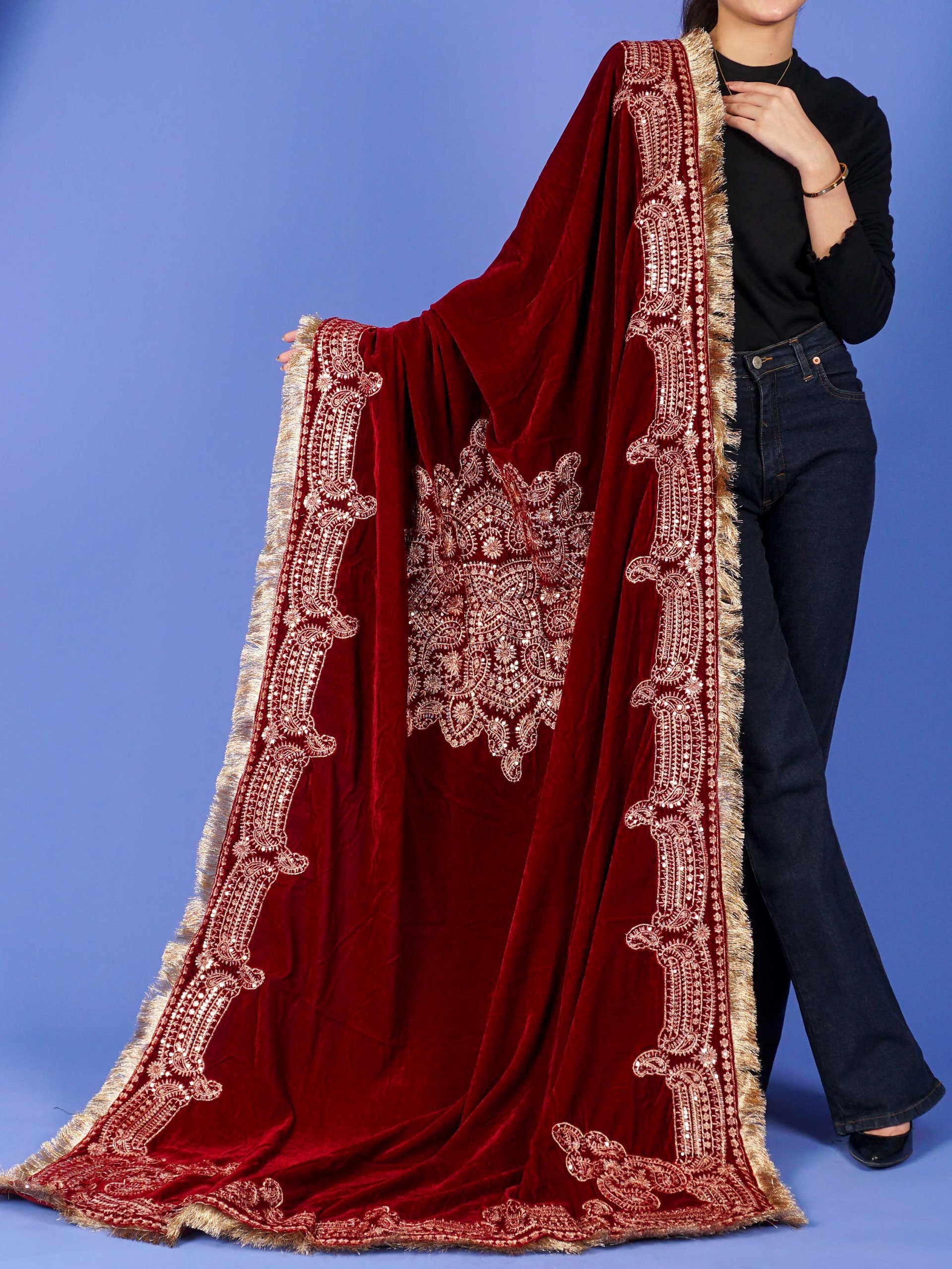 Maroon Dori Embroidered Velvet Shawl - 54645