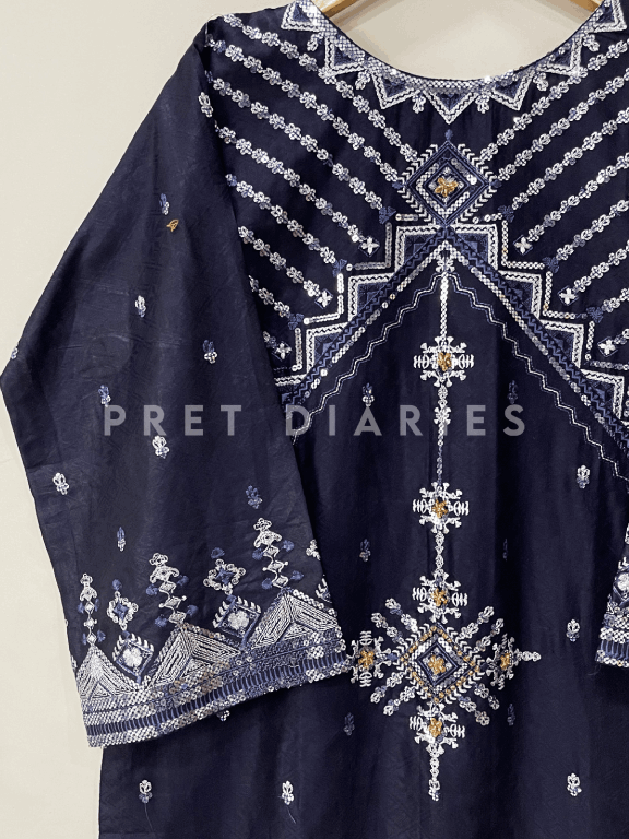 Navy Embroidered Kurta - 54248