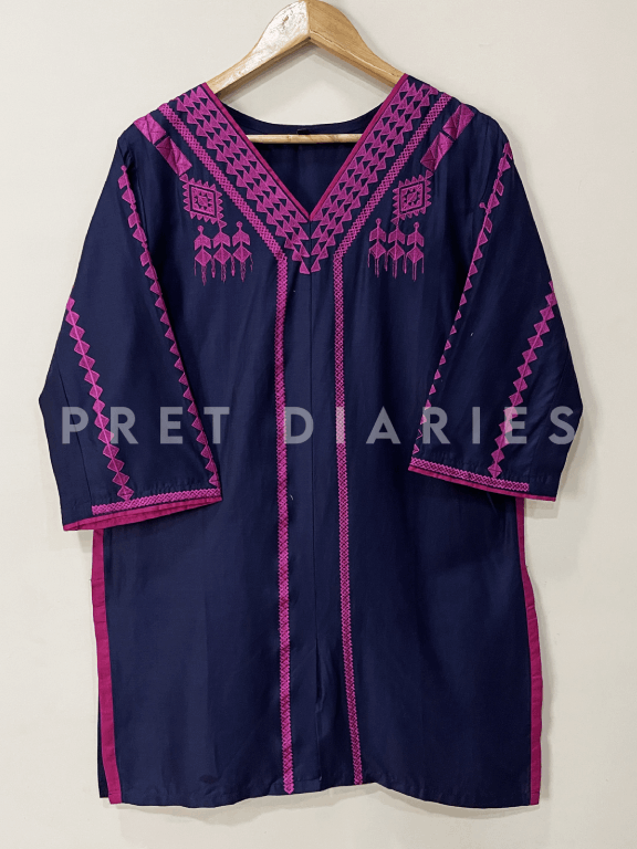 Navy Embroidered Kurta - 54269
