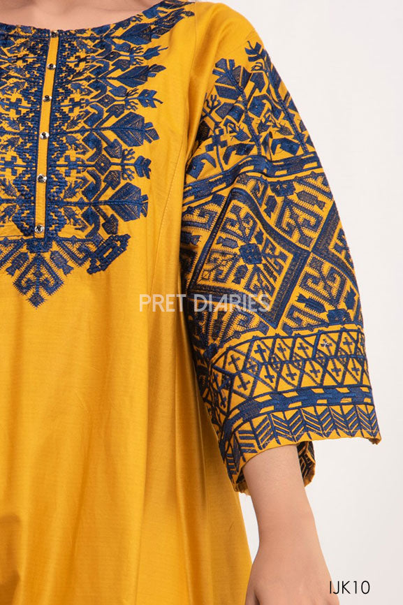 Mustard Aline Embroidered Sleeves Kurta For Women IJK10