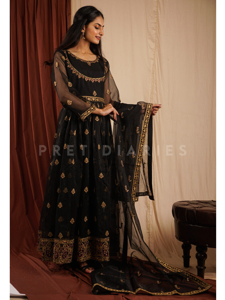 Black Organza Frock 3 pc - 54310