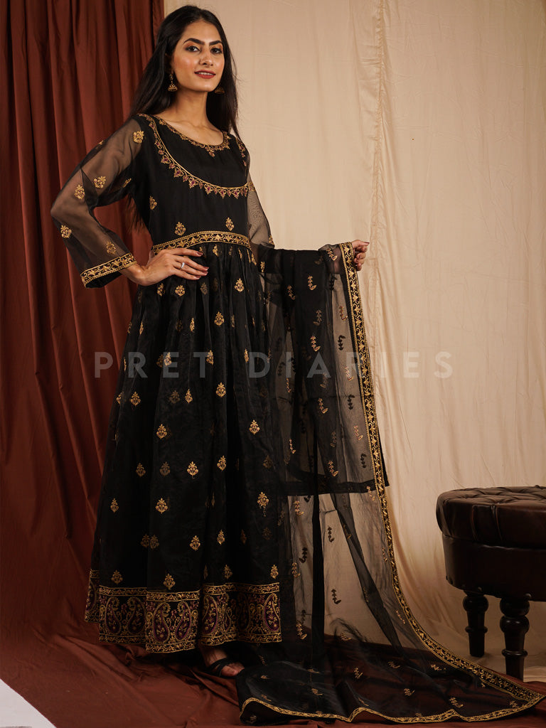 Black Organza Frock 3 pc - 54310