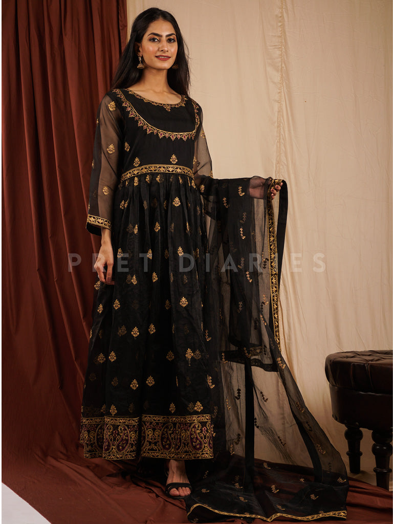 Black Organza Frock 3 pc - 54310