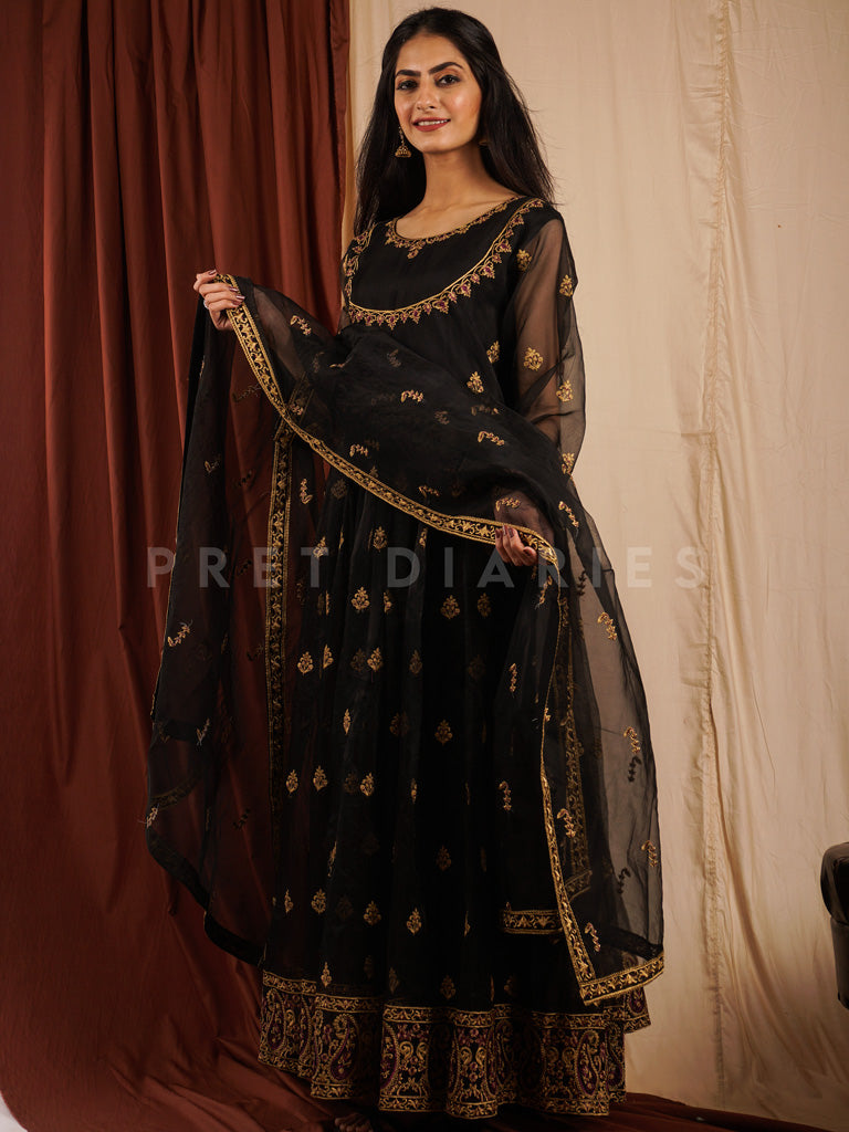 Black Organza Frock 3 pc - 54310