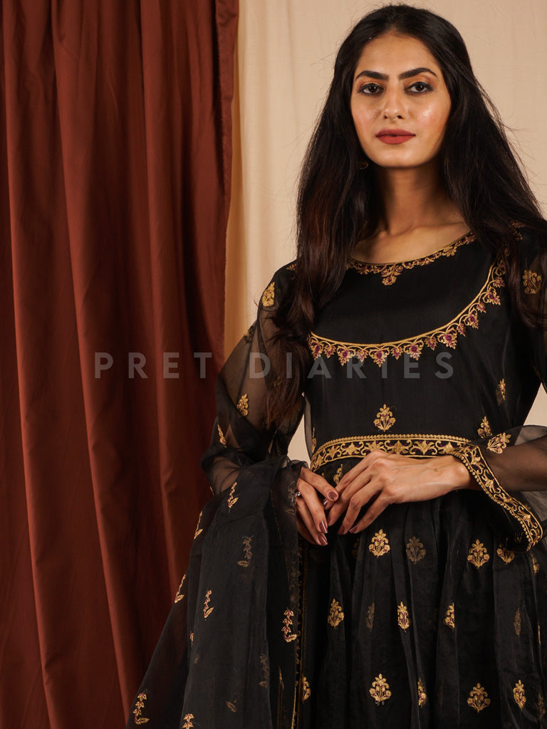 Black Organza Frock 3 pc - 54310