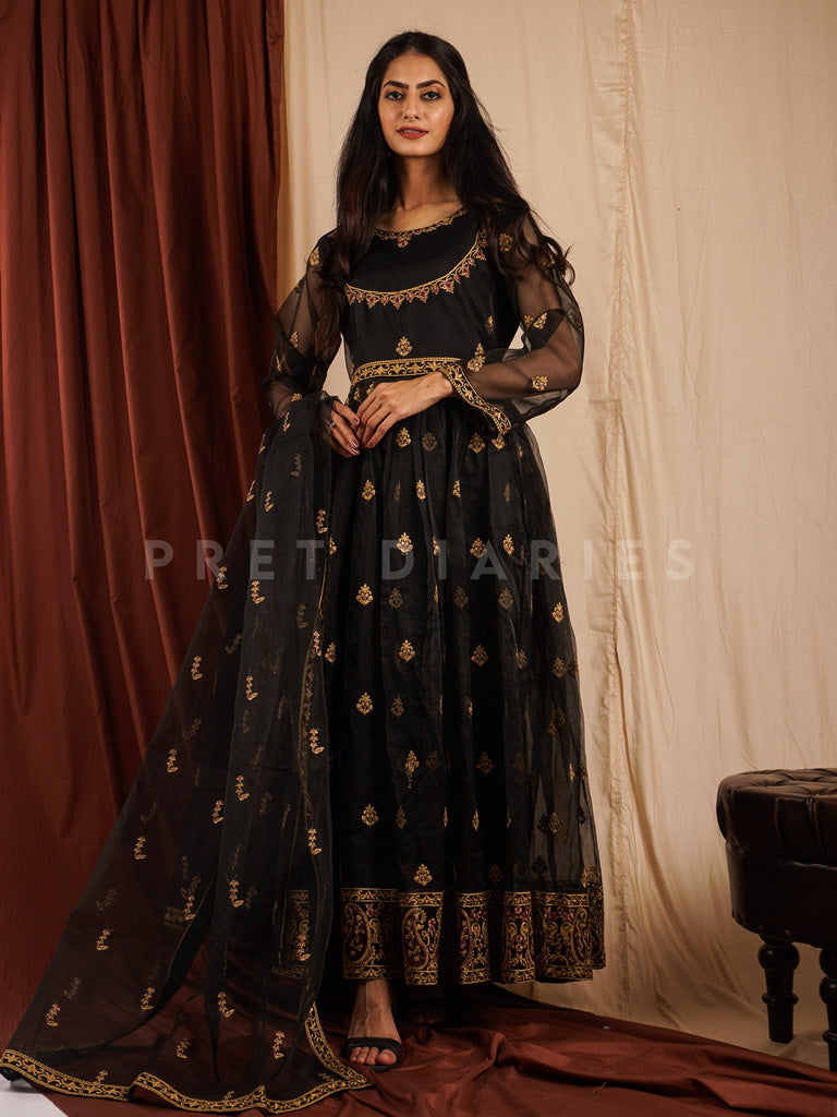Black Organza Frock 3 pc - 54310