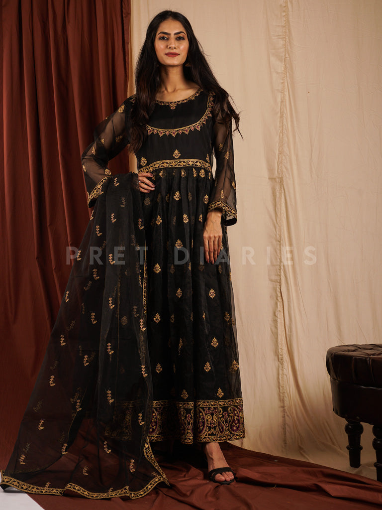 Black Organza Frock 3 pc - 54310
