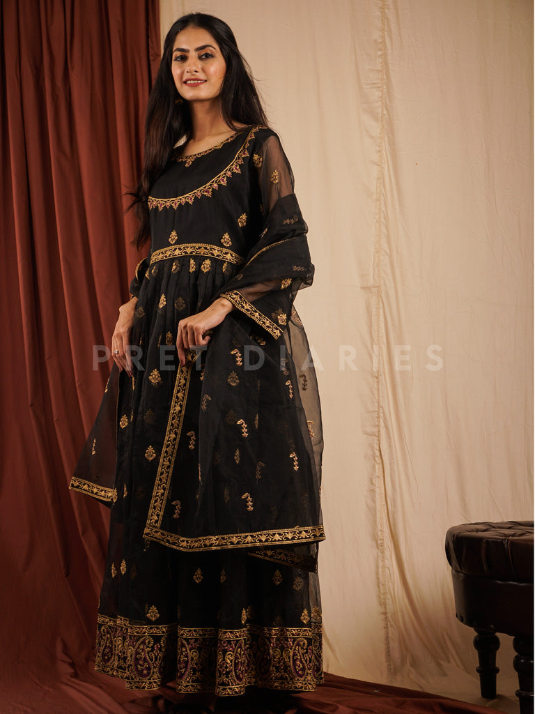 Black Organza Frock 3 pc - 54310