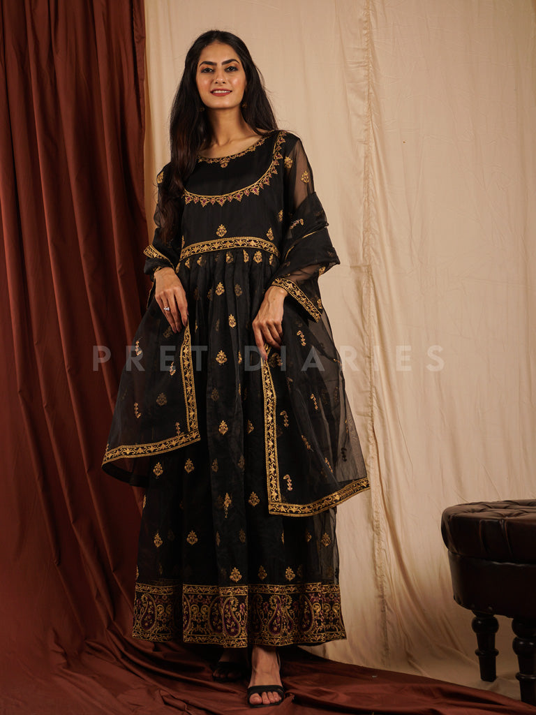 Black Organza Frock 3 pc - 54310