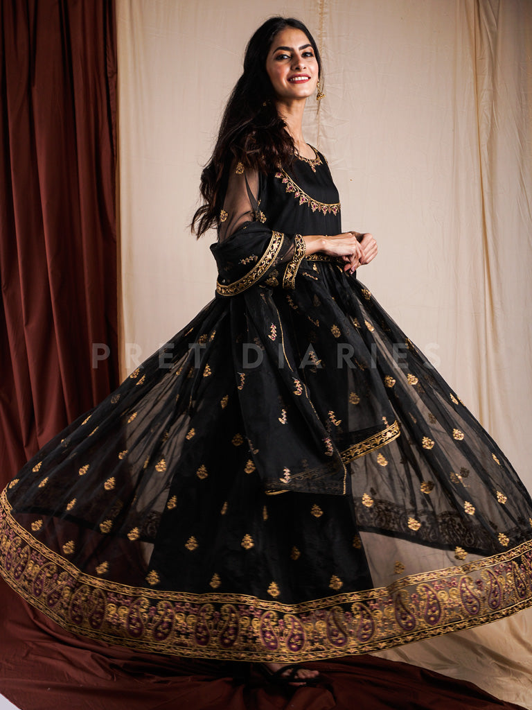 Black Organza Frock 3 pc - 54310