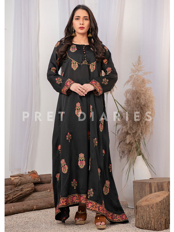 Black Silk Printed Long Kurta - 52633