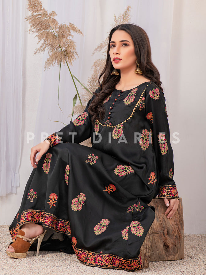 Black Silk Printed Long Kurta - 52633