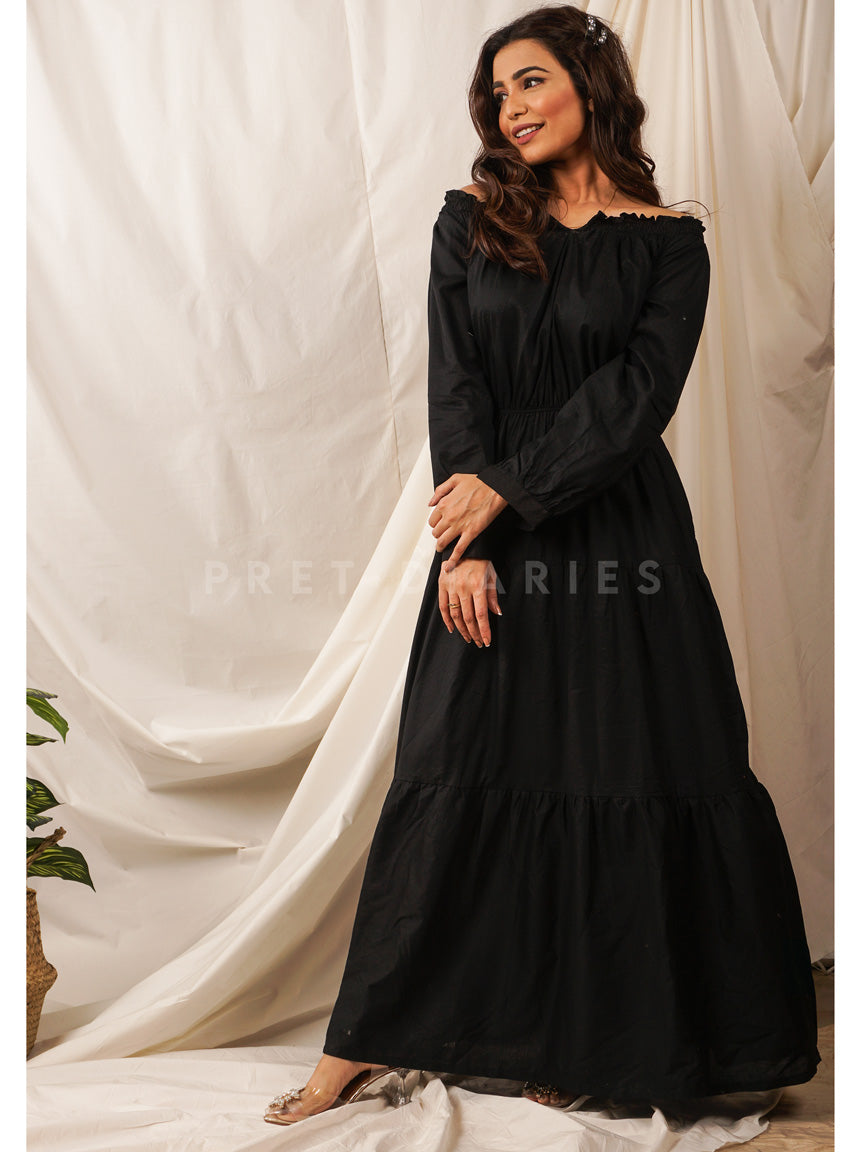 Black Off Shoulder Long Frock - 54509