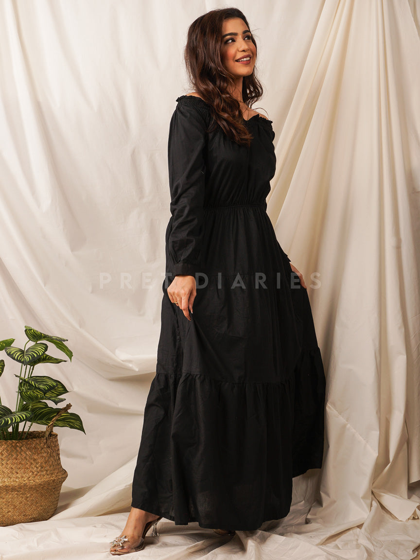 Black Off Shoulder Long Frock - 54509