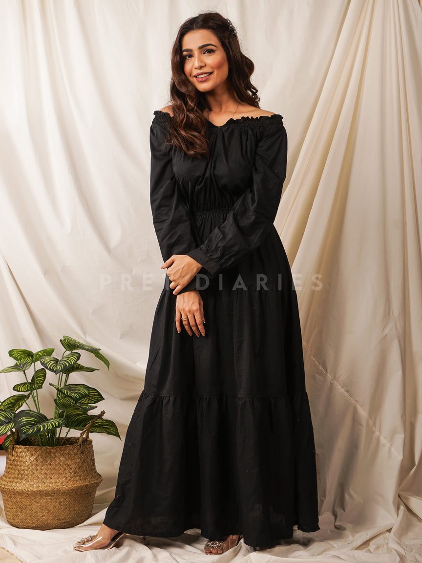 Black Off Shoulder Long Frock - 54509