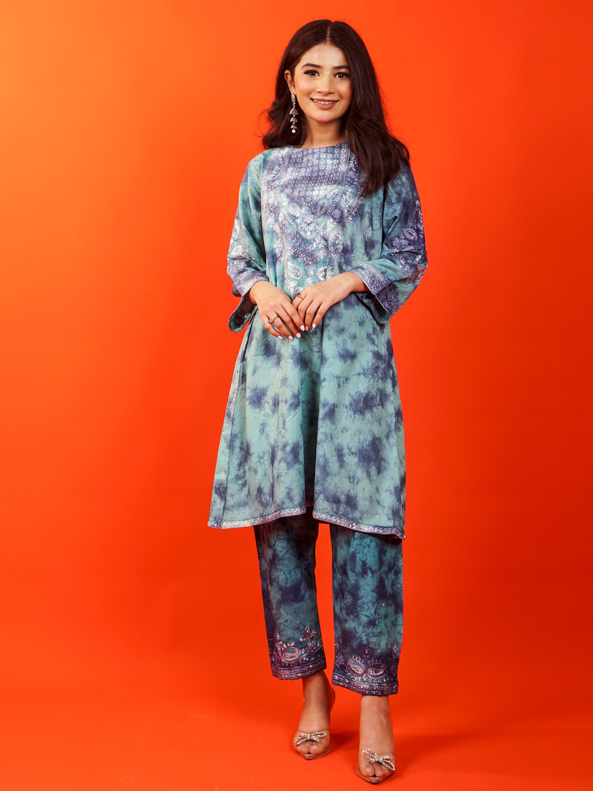 Blue Tye and Dye Embroidered Kurta - 54898