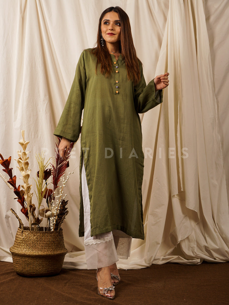 Green Handwoven Long Kurta - 54669