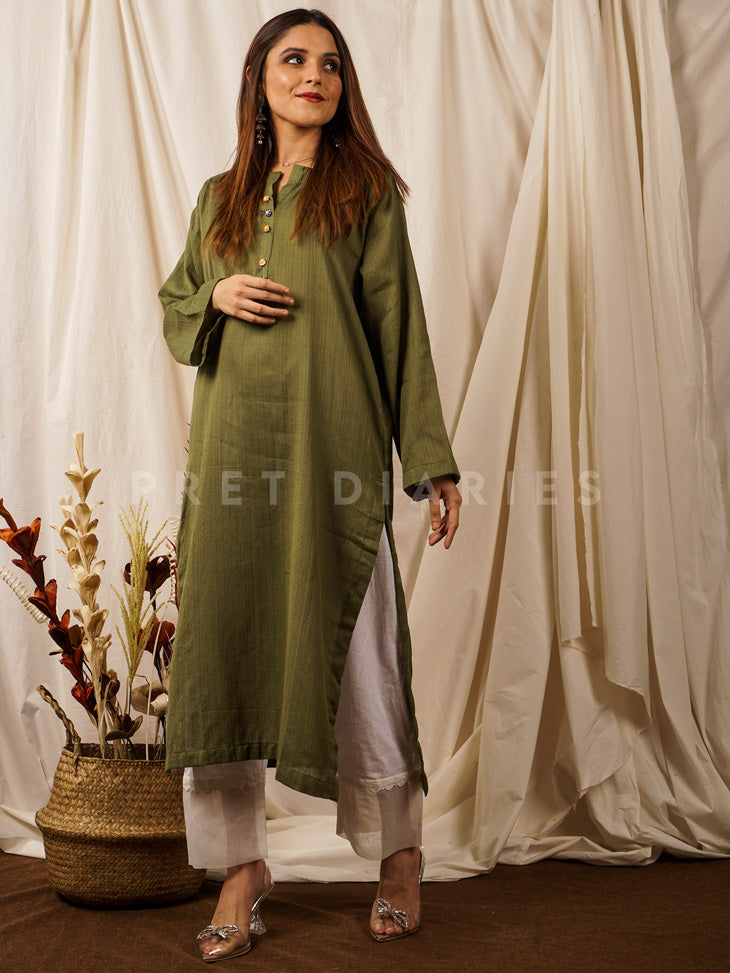 Green Handwoven Long Kurta - 54669