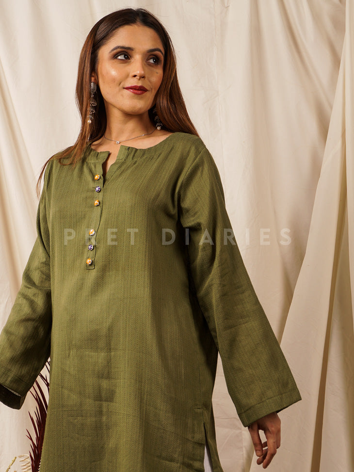 Green Handwoven Long Kurta - 54669