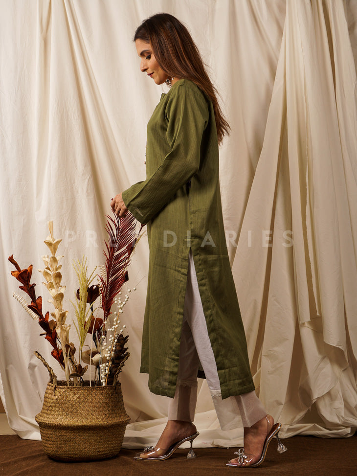 Green Handwoven Long Kurta - 54669