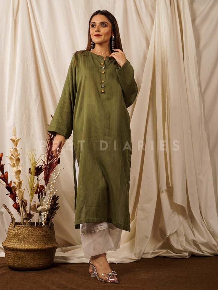 Green Handwoven Long Kurta - 54669