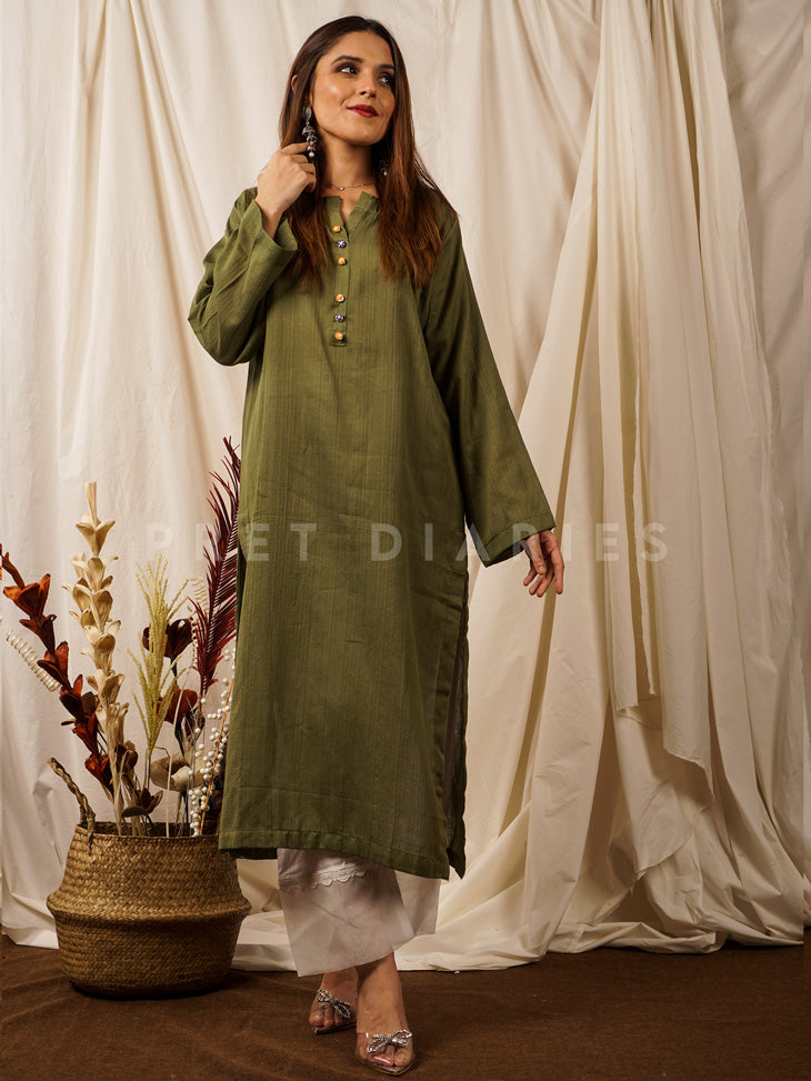 Green Handwoven Long Kurta - 54669