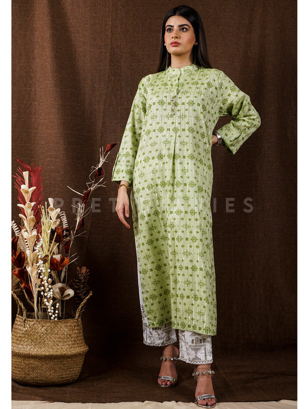 Green Handwoven Long Kurta - 54668